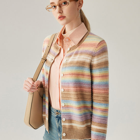 COMOBOCA 100% Cashmere Women's Striped Button Down Cardigan