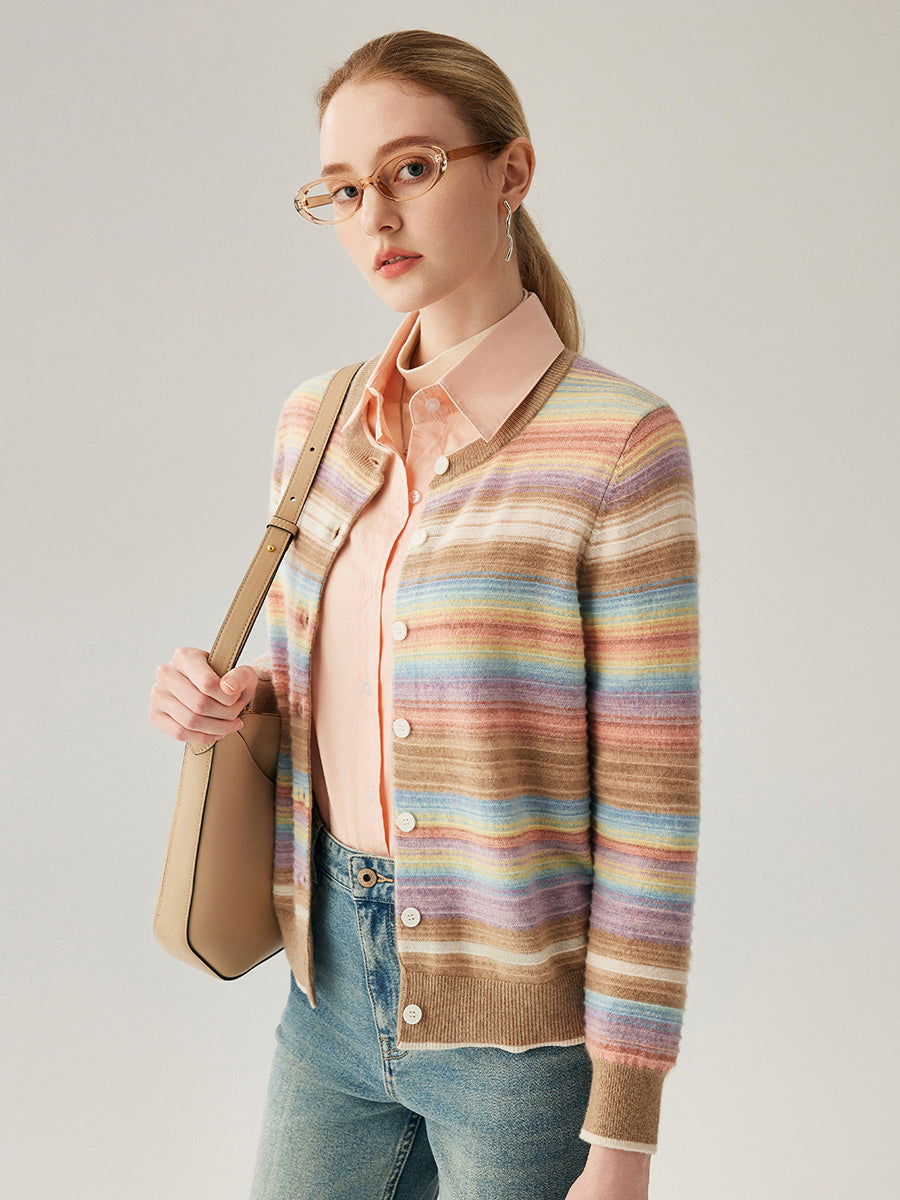 COMOBOCA 100% Cashmere Women's Striped Button Down Cardigan