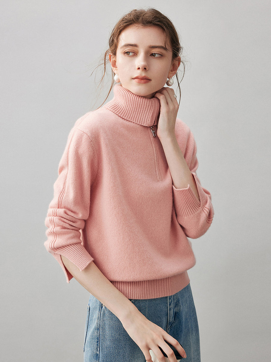 COMOBOCA 100% Cashmere Women's Half Zip Mock Neck Knit Sweater