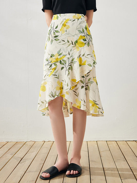 COMOBOCA Sunny Meadow 100% Mulberry Silk Women's Floral Ruffle Midi Skirt