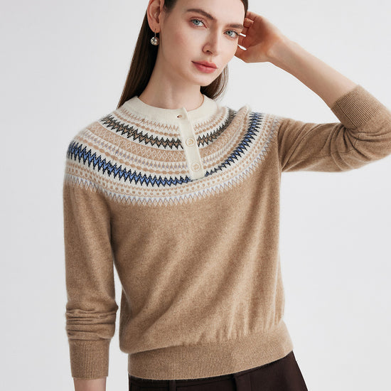 COMOBOCA 100% Cashmere Women's Fair Isle Henley Neck Sweater