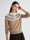 COMOBOCA 100% Cashmere Women's Fair Isle Henley Neck Sweater