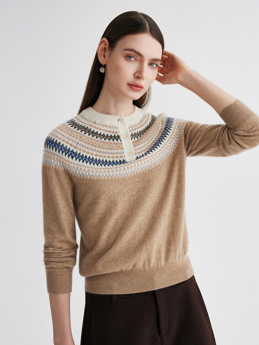 COMOBOCA 100% Cashmere Women's Fair Isle Henley Neck Sweater