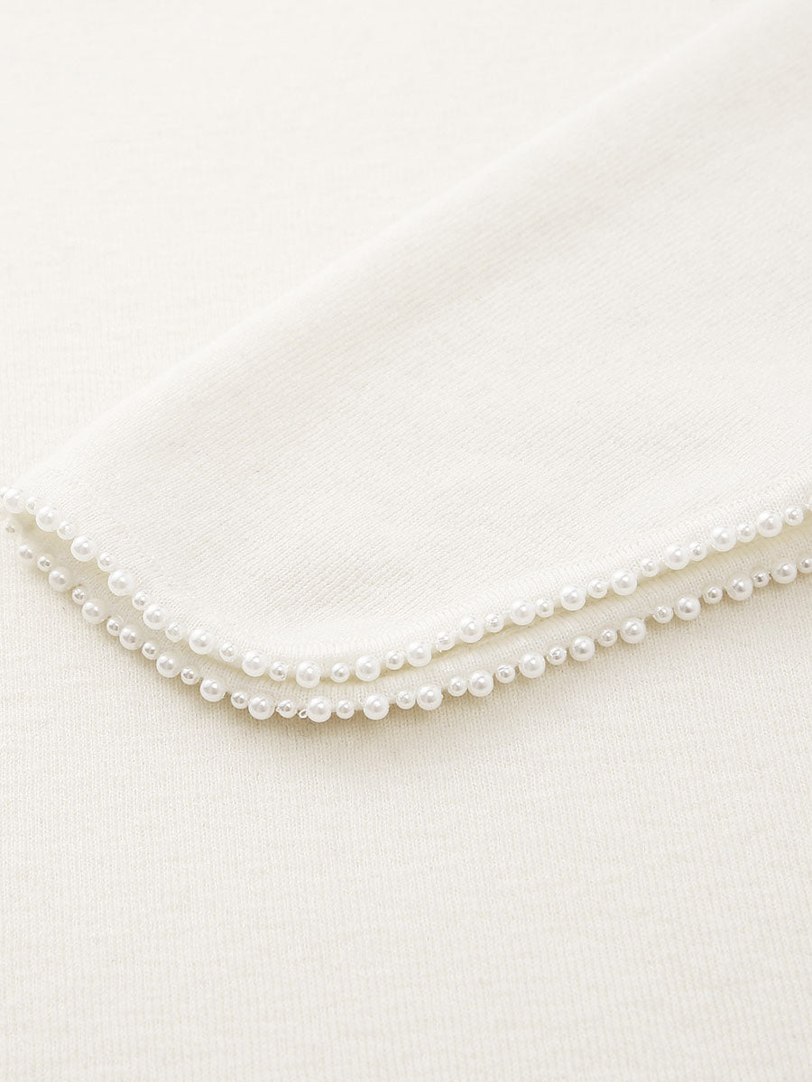 COMOBOCA 100% Wool Women's V-Neck With Pearl Accents Sweater