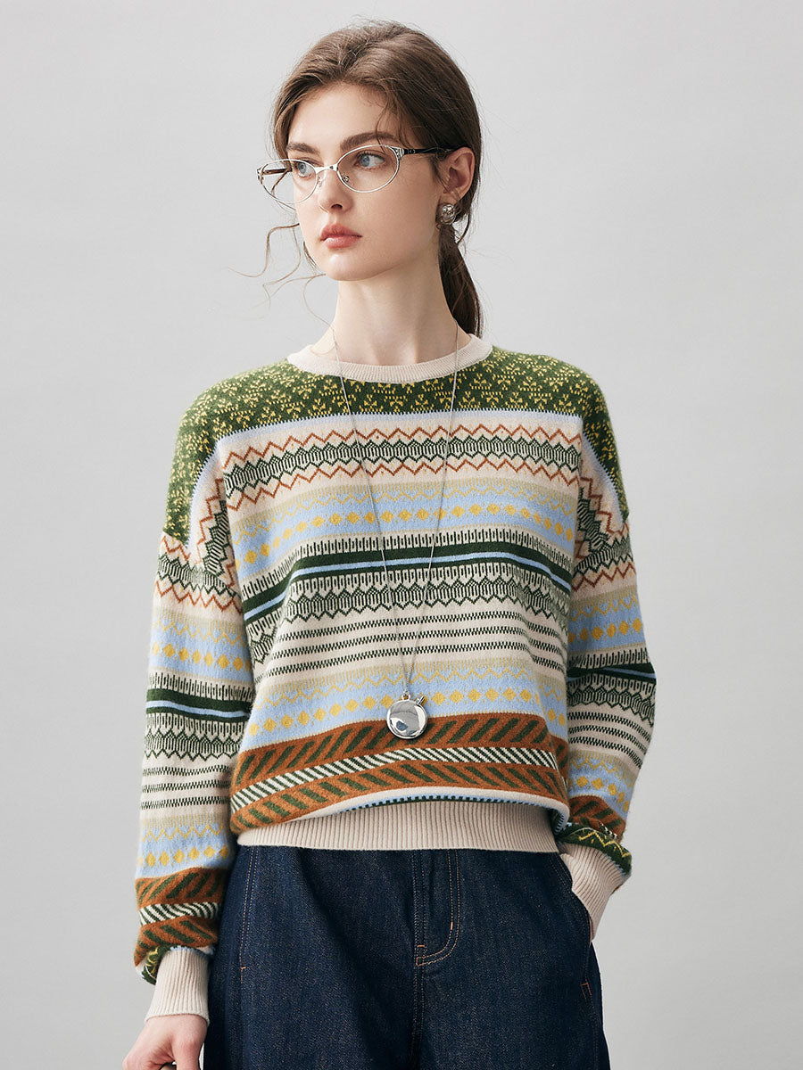 COMOBOCA 100% Cashmere Women's Fair Isle Round Neck Sweater