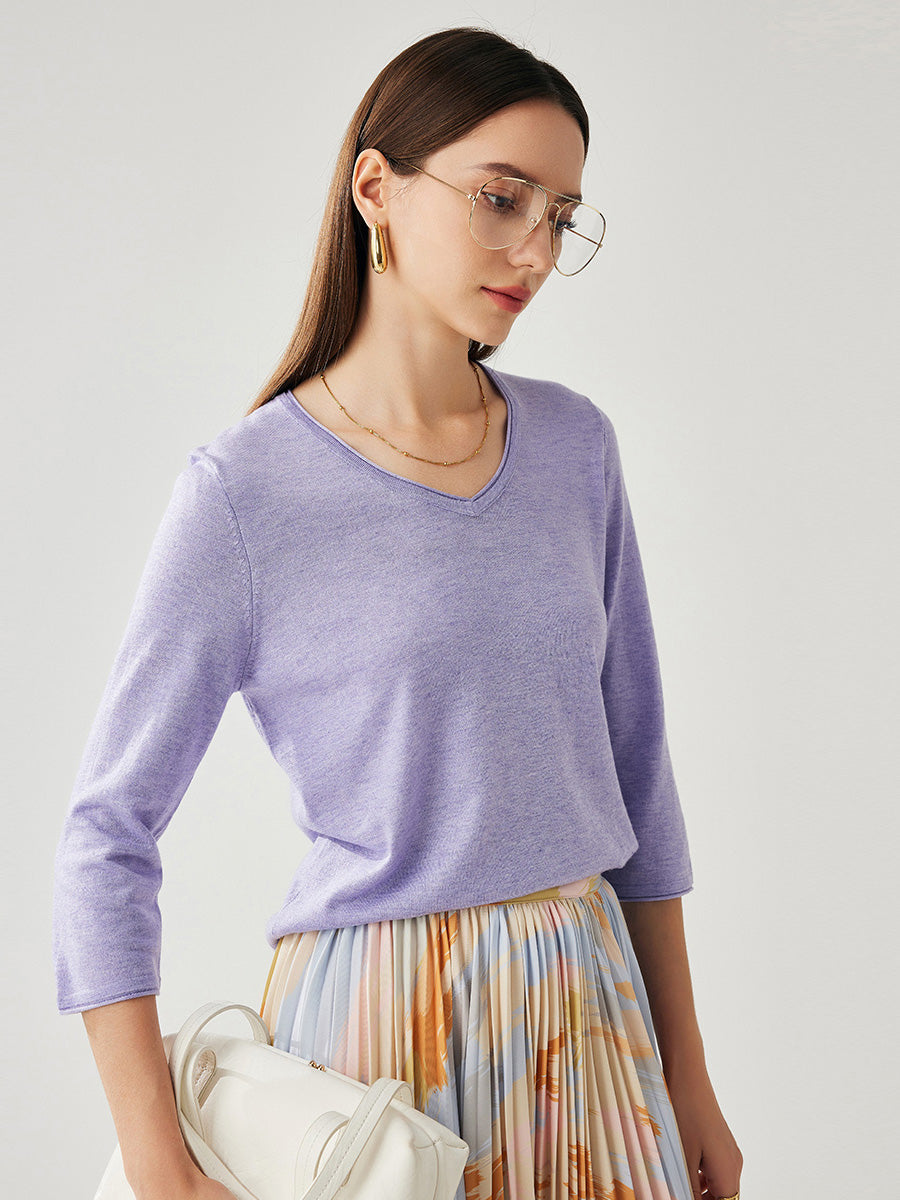 COMOBOCA Purple Women's V-Neck 3/4 Sleeve Golden Heart T-Shirt