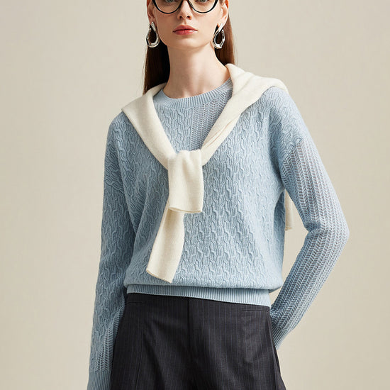 COMOBOCA Light Blue 100% Cashmere Women's Cable Knit Sweater
