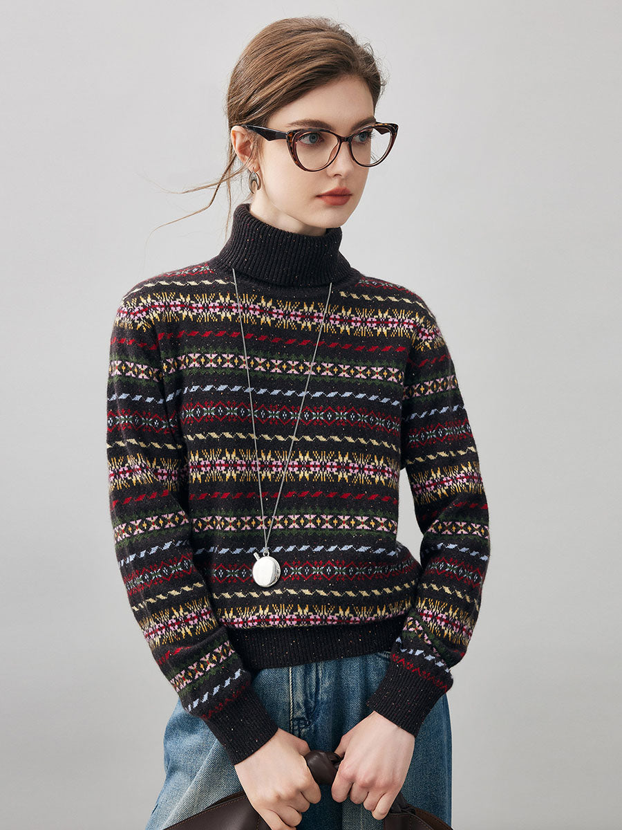COMOBOCA 100% Cashmere Women's Fair Isle Turtleneck Sweater