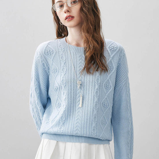 COMOBOCA Light Blue 100% Wool Women's Cable Round Neck Knit Sweater