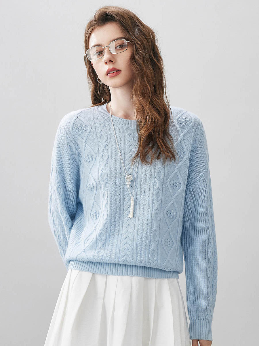 COMOBOCA Light Blue 100% Wool Women's Cable Round Neck Knit Sweater