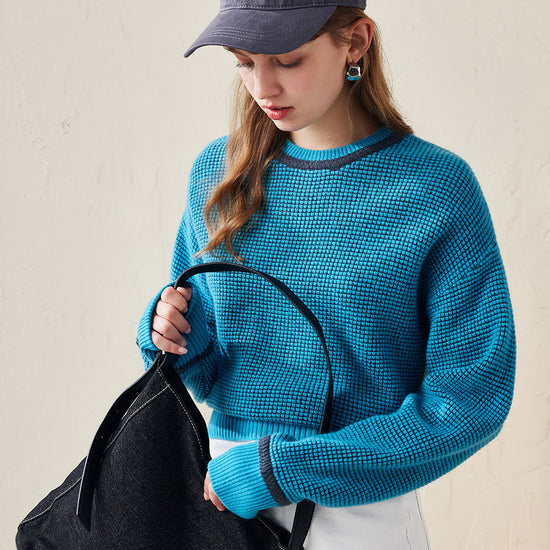 COMOBOCA Turquoise 100% Wool Women's Colorblock Raglan Sleeve Sweater