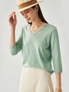 COMOBOCA Light Green Women's V-Neck 3/4 Sleeve Golden Heart T-Shirt