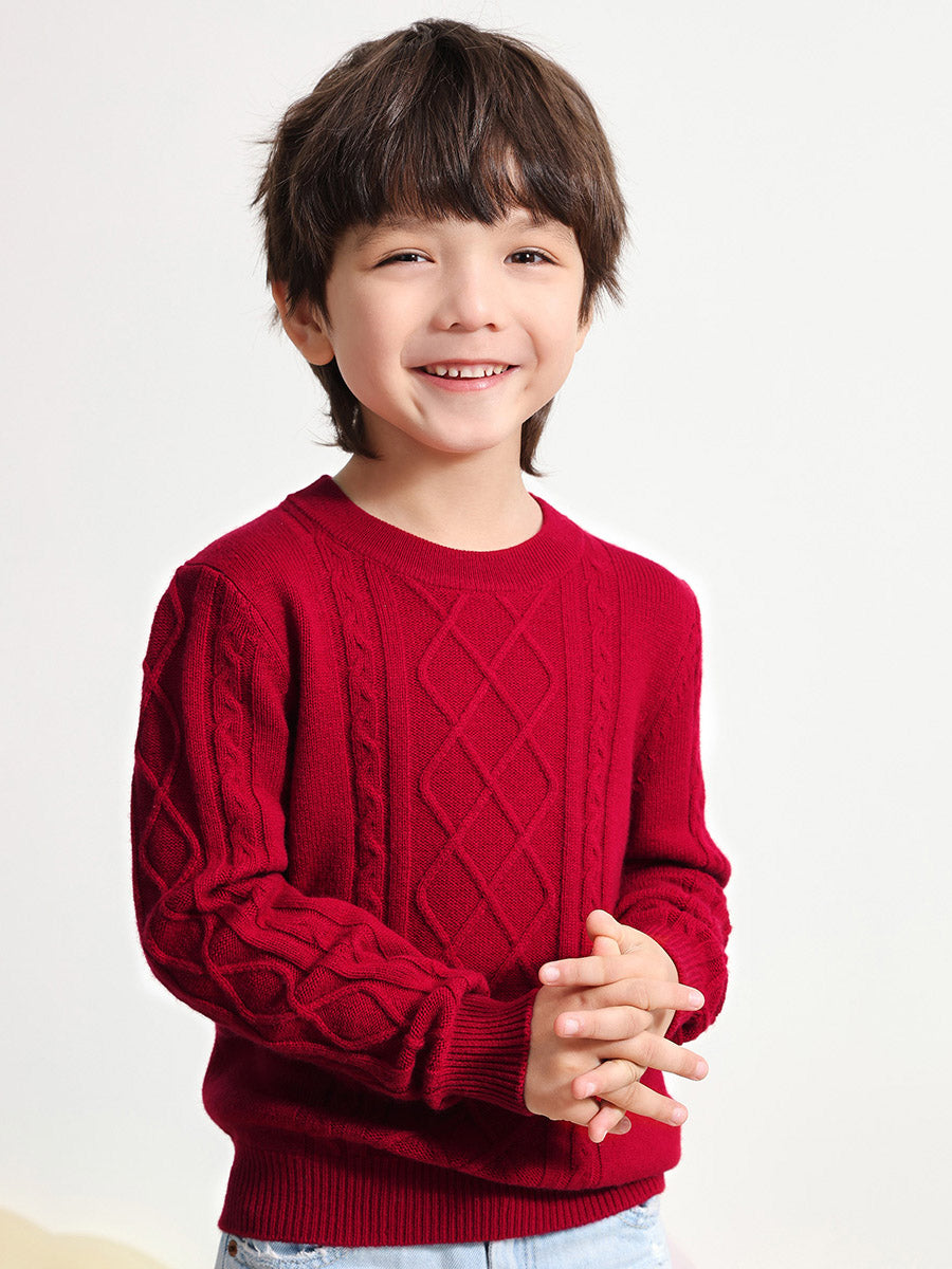 COMOBOCA RED 100% Wool Kids' Ribbed Round Neck Sweater