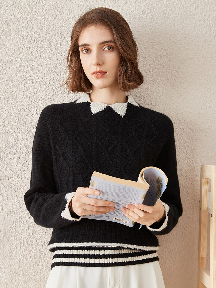 COMOBOCA 100% Cashmere Women's Contrast Jacquard Mock Neck Sweater
