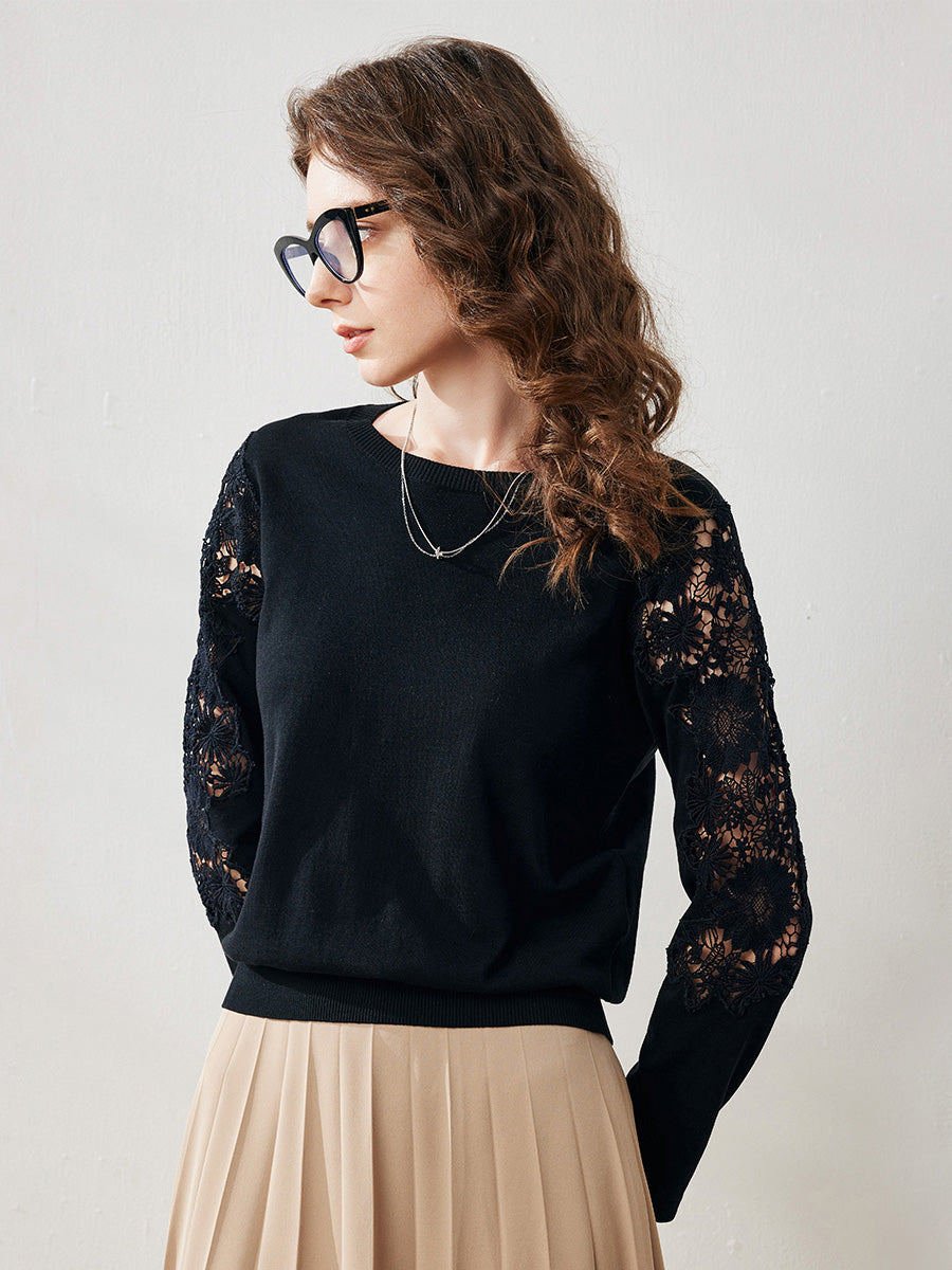COMOBOCA Black Women's Lace Sleeve Round Neck Sweater
