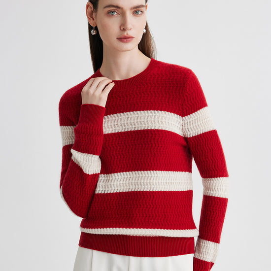 COMOBOCA 100% Cashmere Women's Striped Round Neck Sweater
