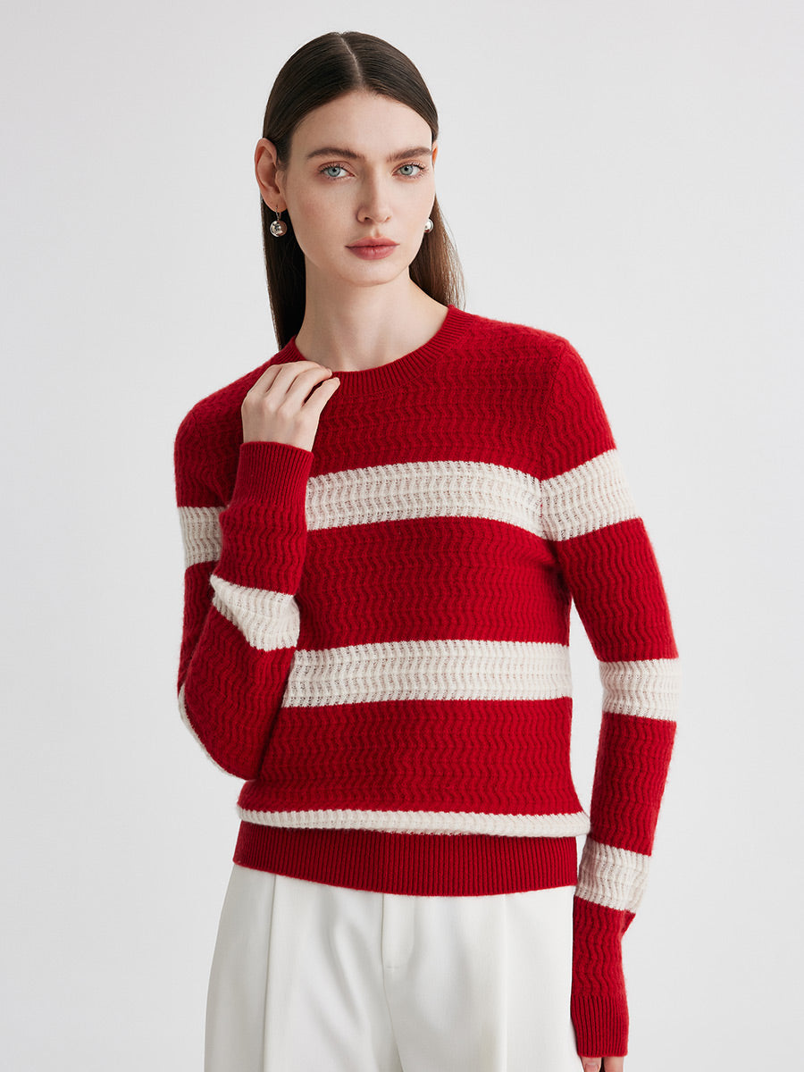 COMOBOCA 100% Cashmere Women's Striped Round Neck Sweater