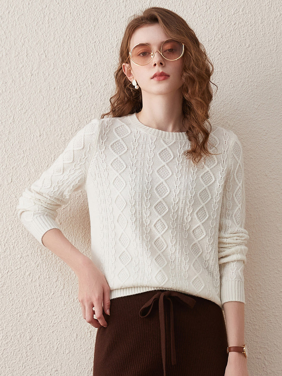 COMOBOCA White 100% Wool Women's Cable Knit Sweater