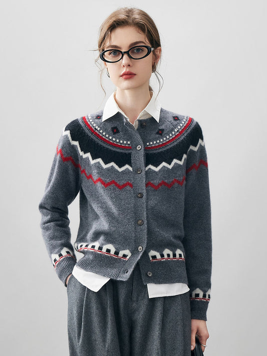 COMOBOCA Gray 100% Cashmere Women's Fair Isle Button Down Cardigan