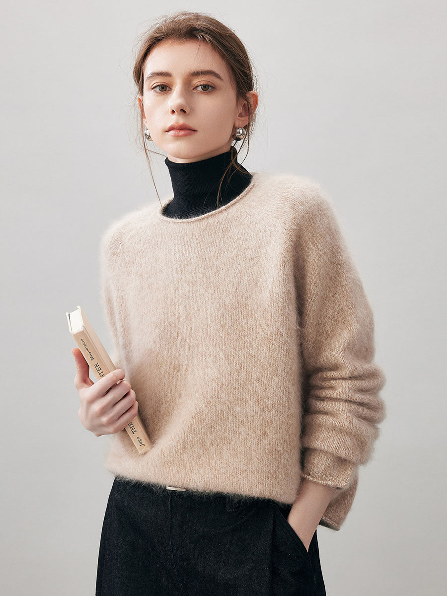 COMOBOCA 100% Wool Women's Fuzzy Round Neck Sweater