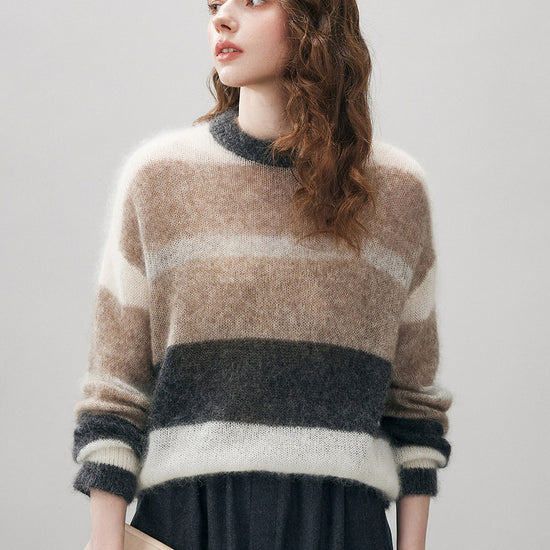 COMOBOCA Women's Mohair Striped Round Neck Sweater