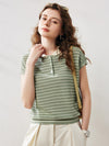 COMOBOCA Light Green Women's Cotton Silk Striped Knit Polo Shirt