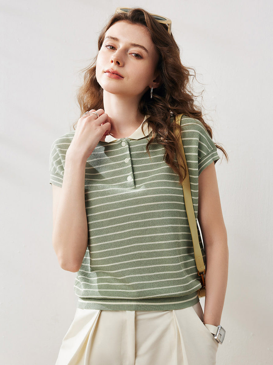 COMOBOCA Light Green Women's Cotton Silk Striped Knit Polo Shirt