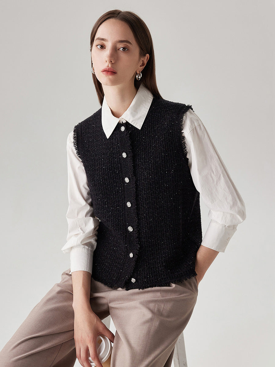 COMOBOCA 100% Wool Women's Button Down Frayed Hem Knit Vest