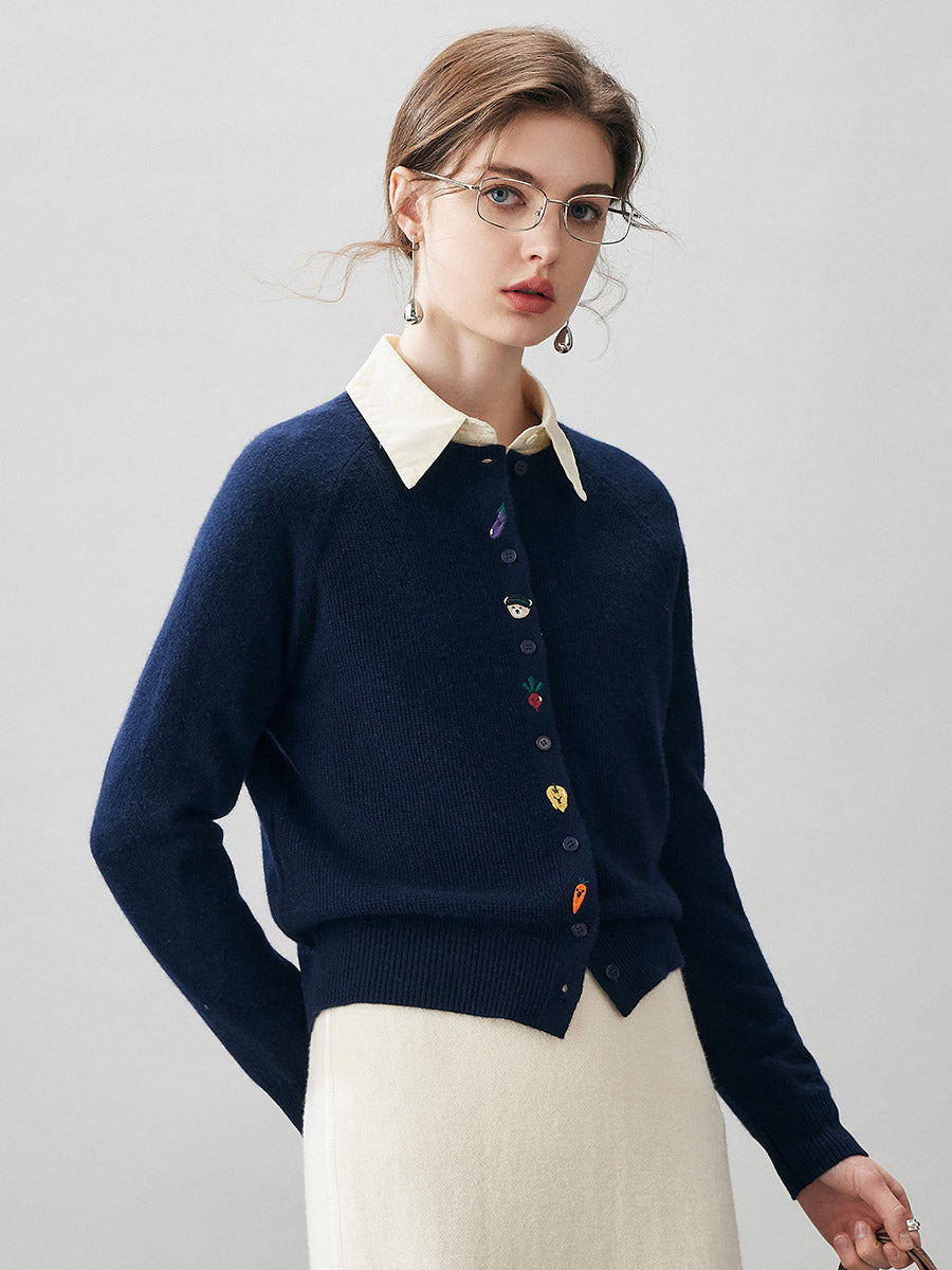 COMOBOCA 100% Cashmere Women's Embroidered Button-Front Cardigan