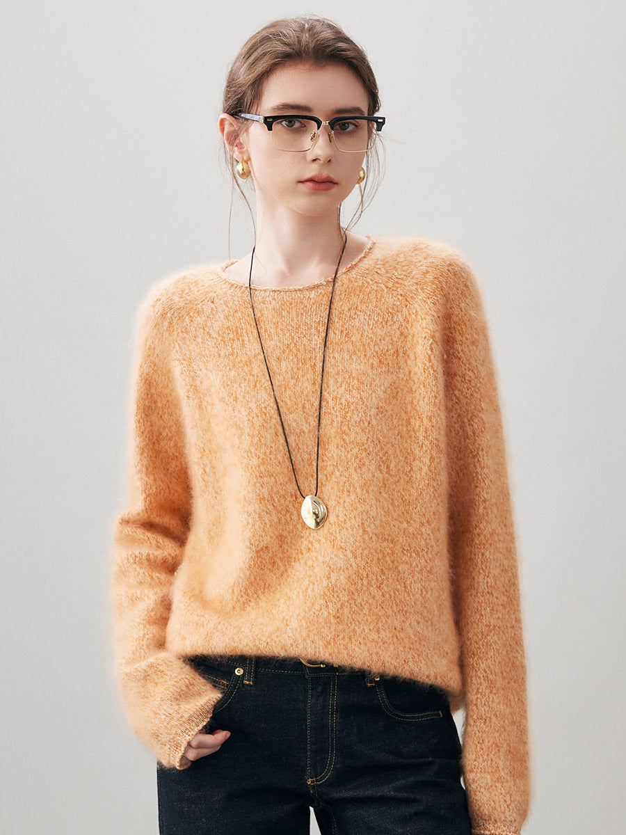 COMOBOCA 100% Wool Women's Fuzzy Round Neck Sweater