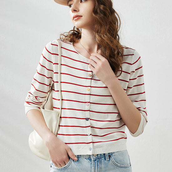 COMOBOCA Red Women's Striped Button-Down Cardigan