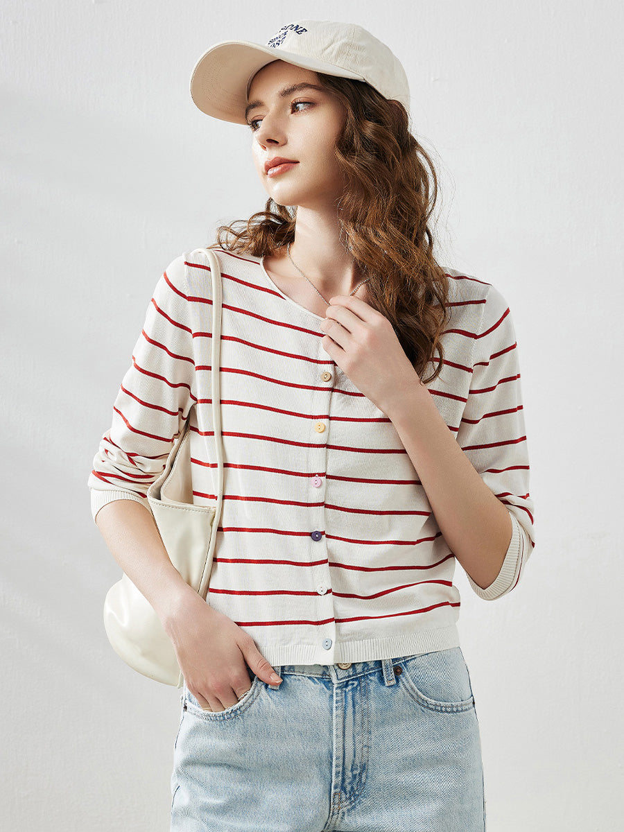 COMOBOCA Red Women's Striped Button-Down Cardigan