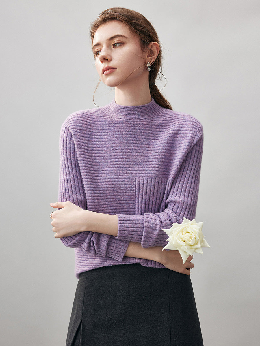 COMOBOCA 100% Cashmere Women's Asymmetric Ribbed Mock Neck Sweater