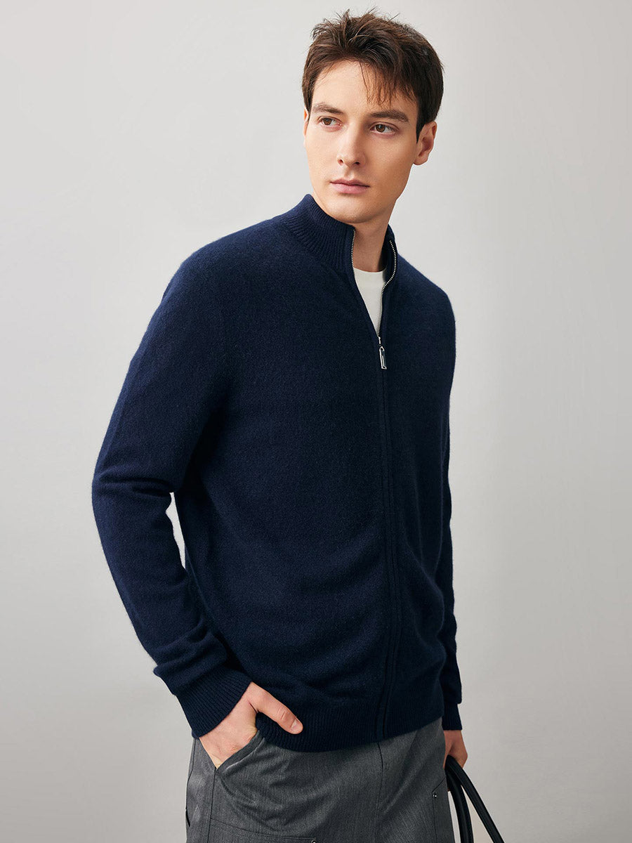 COMOBOCA 100% Cashmere Men's Full Zip Mock Neck Knit Cardigan
