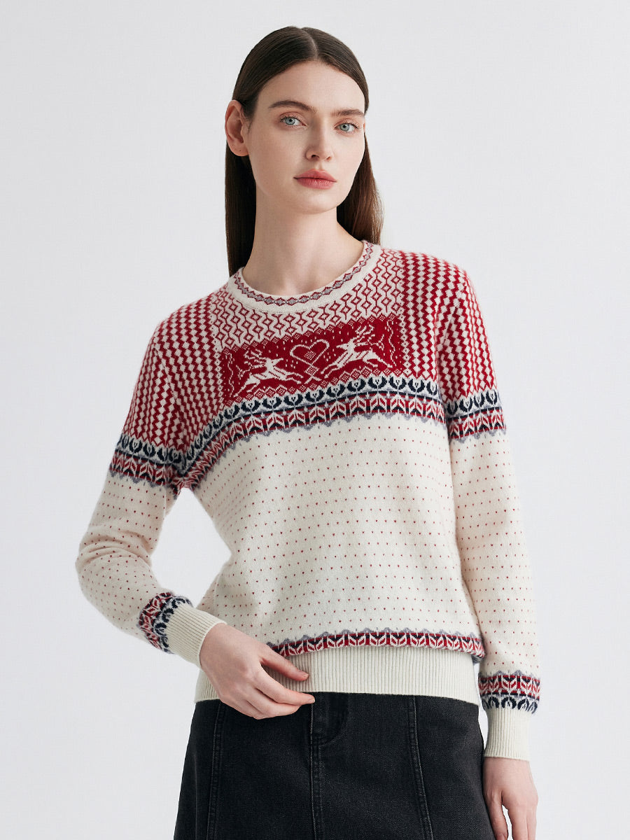 COMOBOCA 100% Cashmere Women's Fair Isle Reindeer Sweater