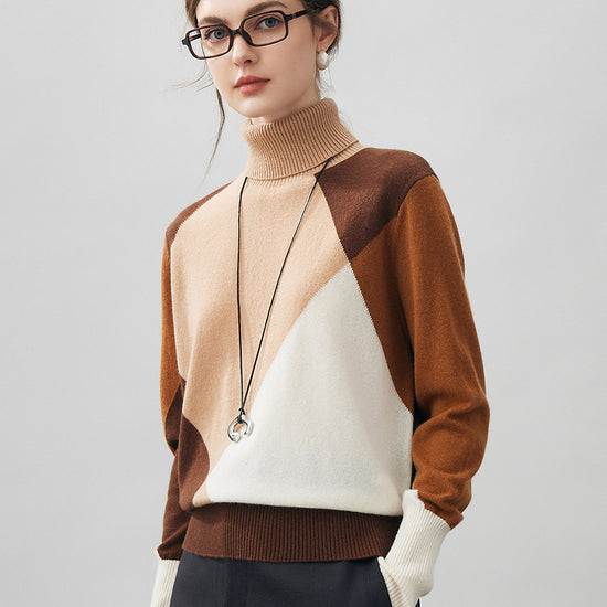 COMOBOCA 100% Cashmere Women's Color Block Turtleneck Sweater
