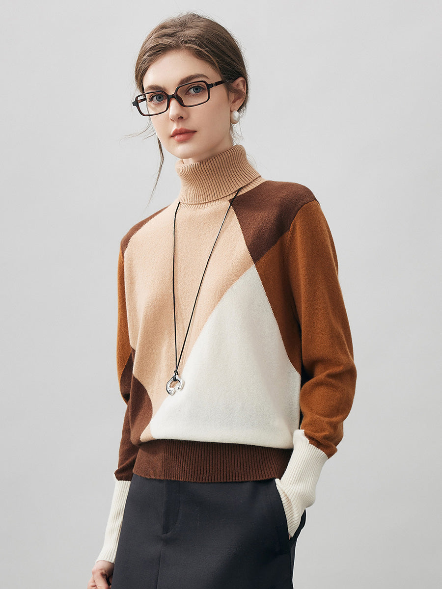 COMOBOCA 100% Cashmere Women's Color Block Turtleneck Sweater