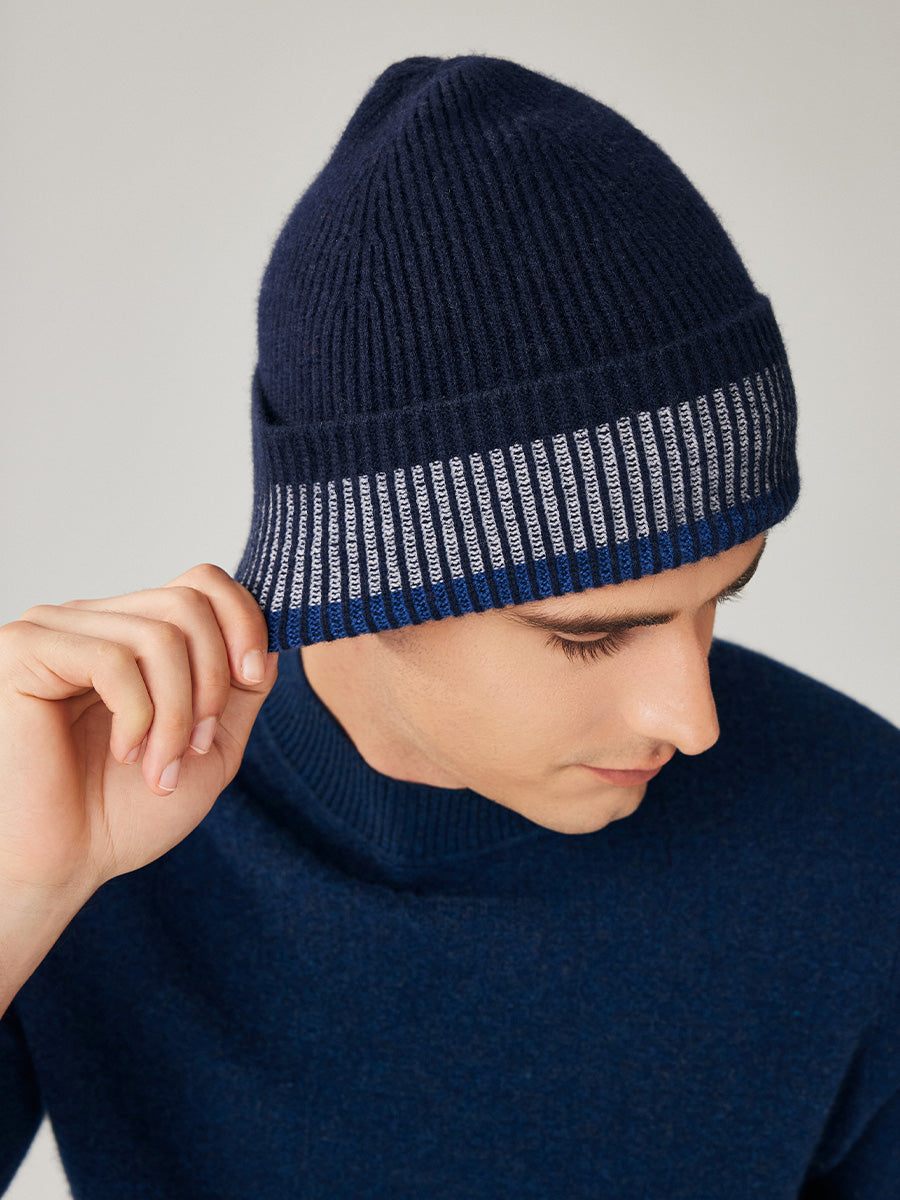 COMOBOCA 100% Wool Men's Striped Ribbed Knit Beanie