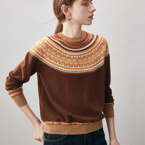 COMOBOCA 100% Cashmere Women's Fair Isle Round Neck Sweater