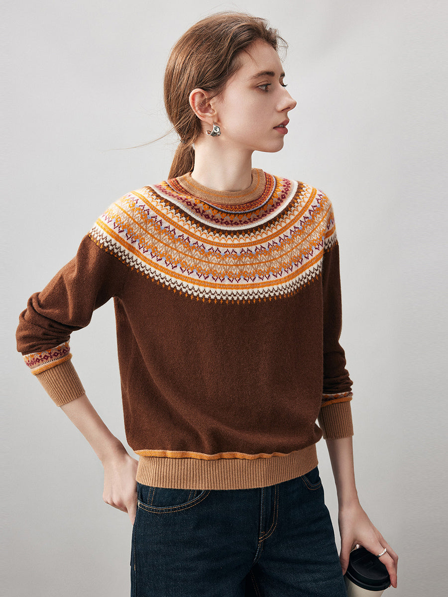 COMOBOCA 100% Cashmere Women's Fair Isle Round Neck Sweater