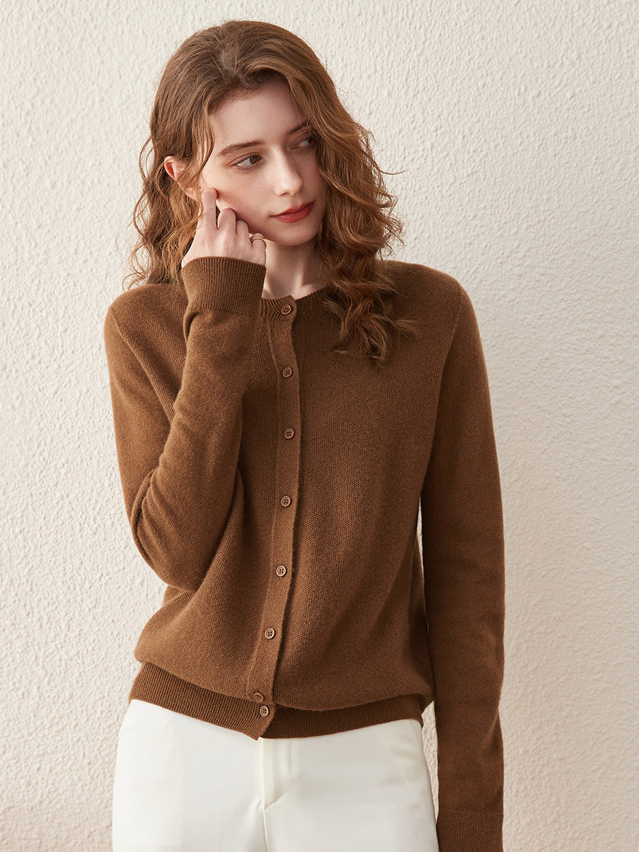 COMOBOCA BROWN 100% Wool Women's Round Neck Knit Cardigan