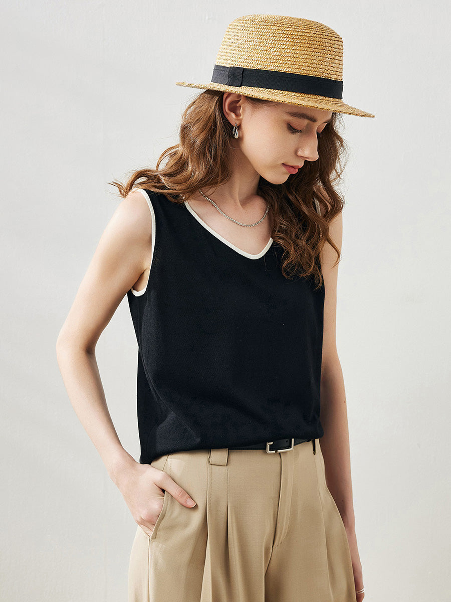 COMOBOCA Black Women's V-Neck Contrast Trim Tank Top