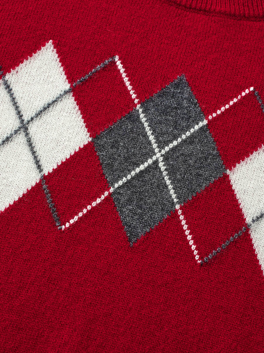 COMOBOCA 100% Wool Kids' Argyle Pattern Round Neck Sweater