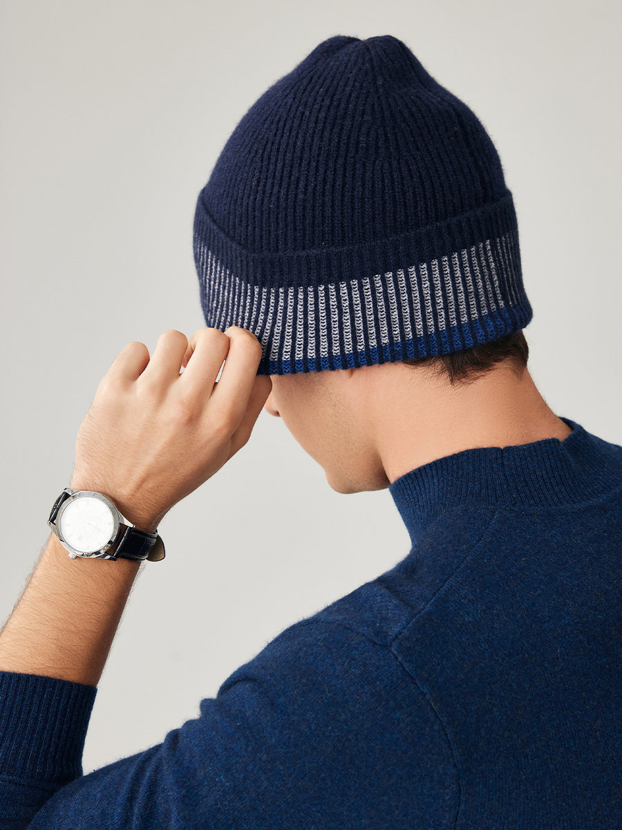 COMOBOCA 100% Wool Men's Striped Ribbed Knit Beanie