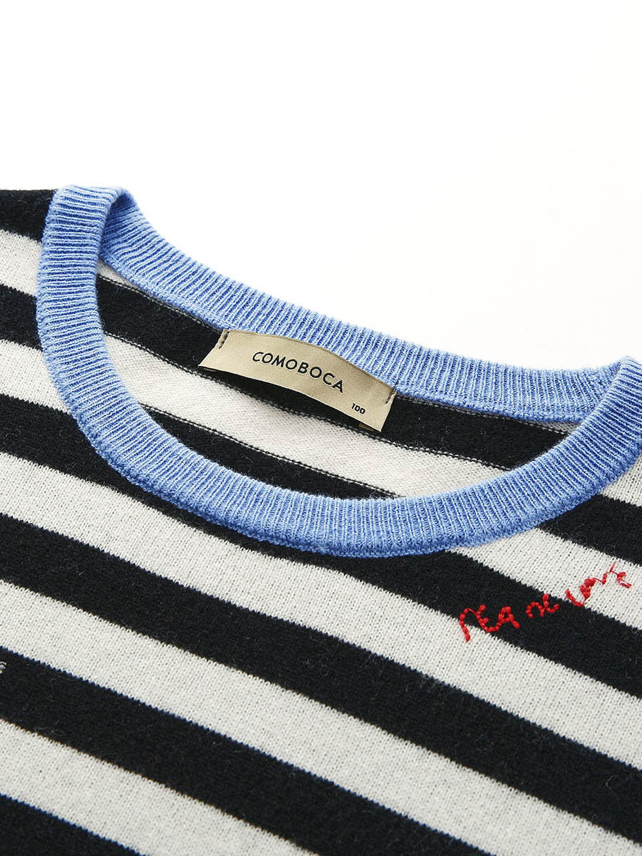 COMOBOCA 100% Wool Women's Striped Embroidered Sweater