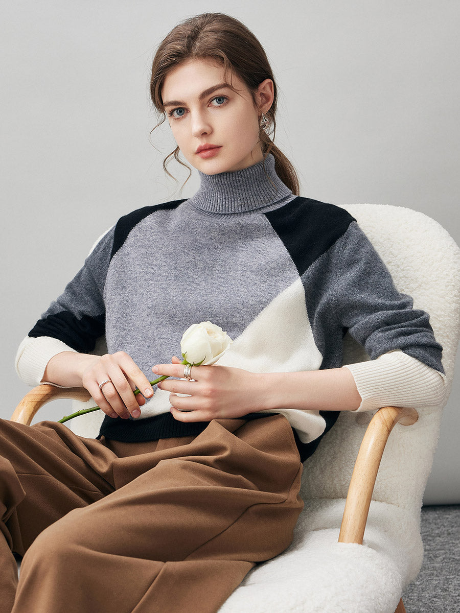COMOBOCA 100% Cashmere Women's Color Block Turtleneck Sweater