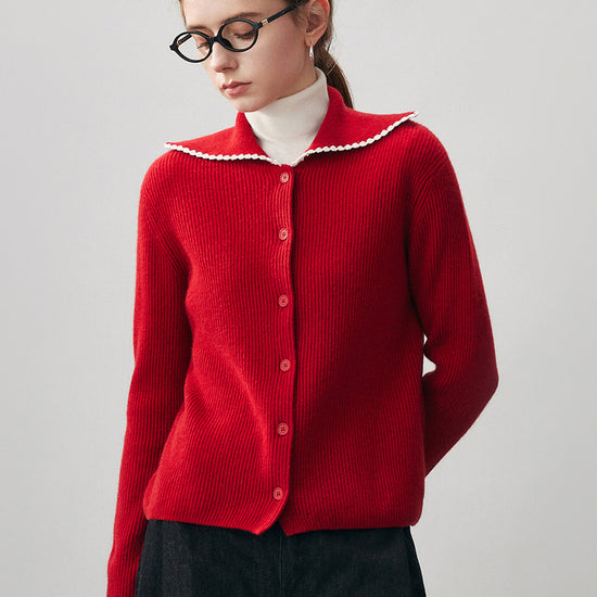 COMOBOCA Red 100% Cashmere Women's Contrast Trimmed Collared Knit Cardigan