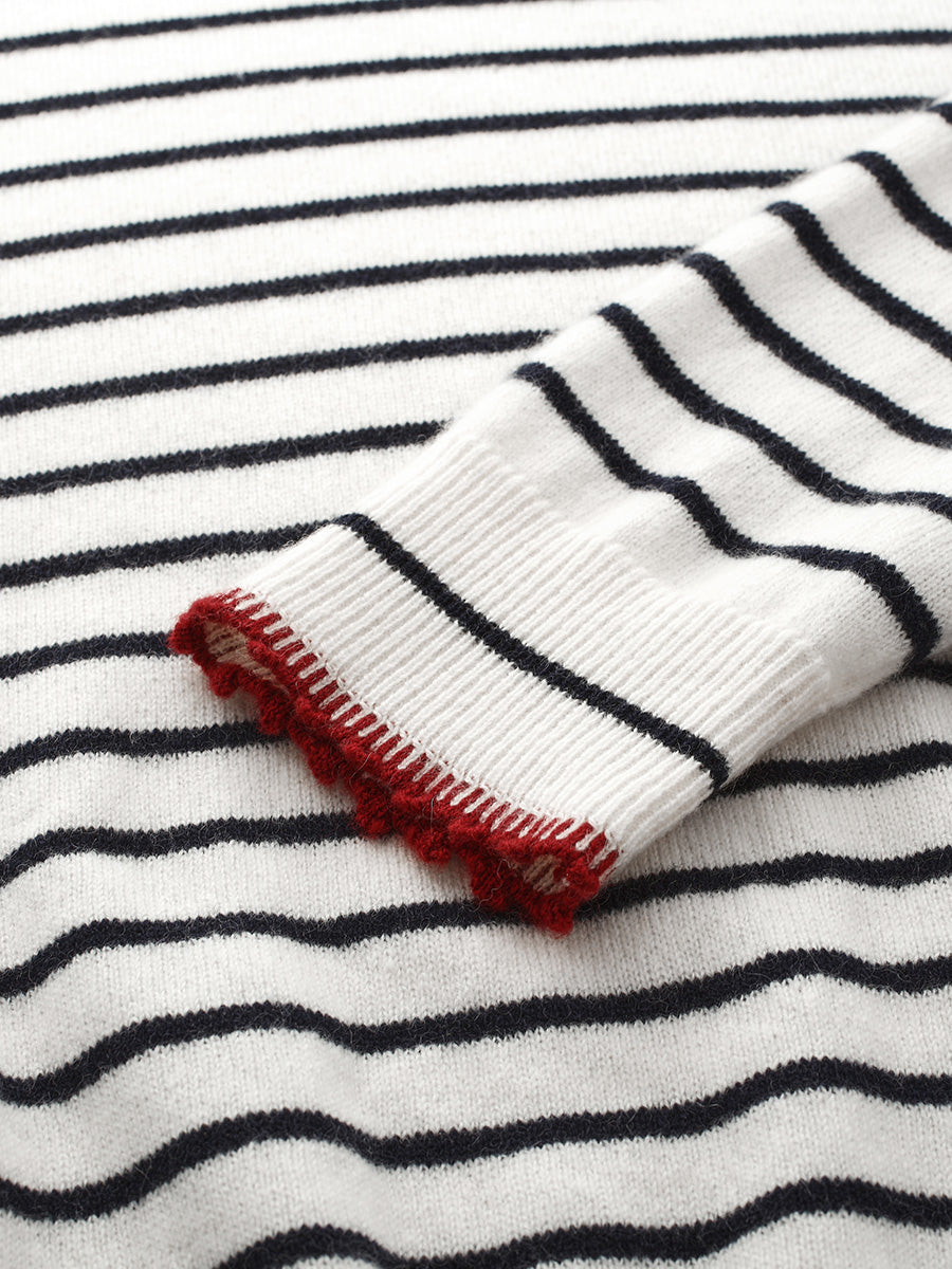COMOBOCA 100% Cashmere Women's Striped Round Neck Sweater
