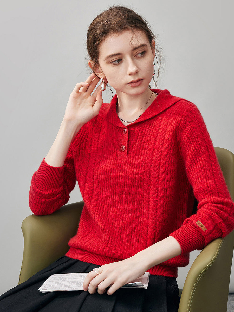 COMOBOCA 100% Cashmere Women's Cable Sailor Collar Sweater