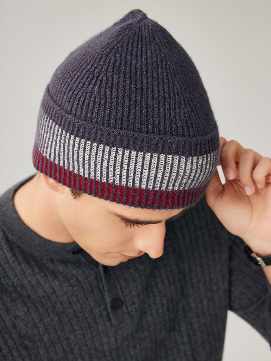COMOBOCA 100% Wool Men's Striped Ribbed Knit Beanie